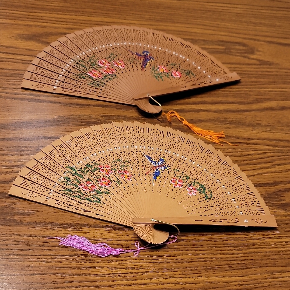 2 Elegant Wood Pierced Vintage Hand Fans